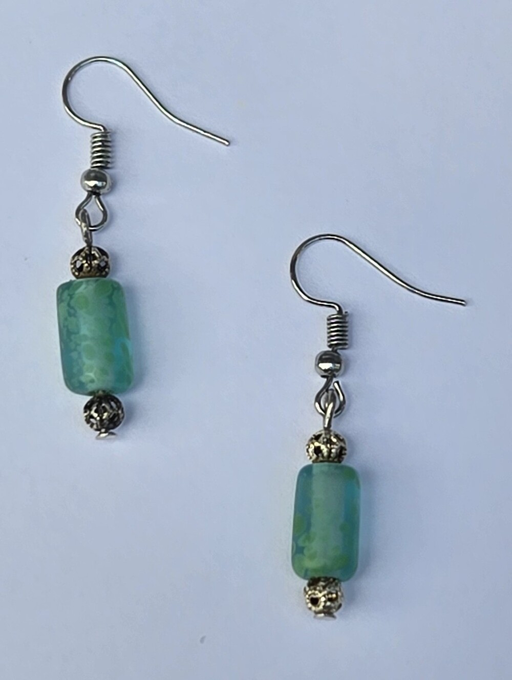 Blue Green Glass Bead Dangle Earrings - Handmade Surgical Stainless Steel